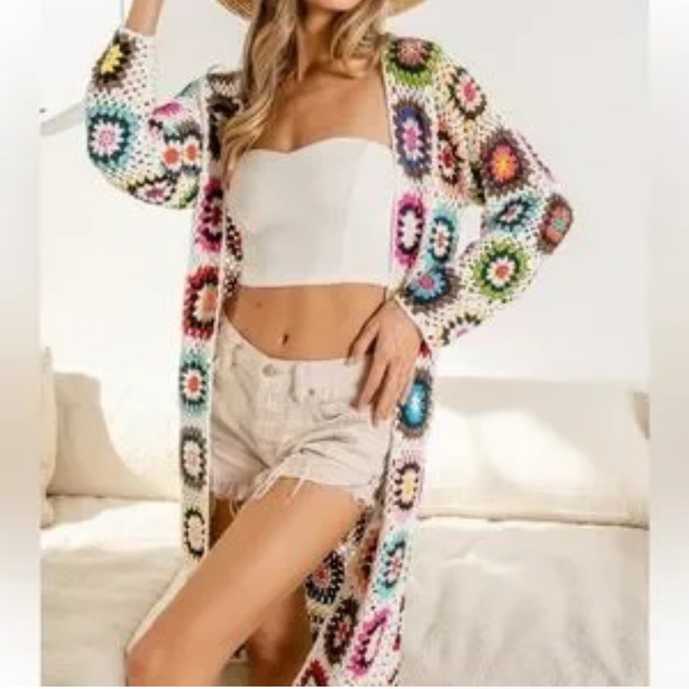BIBI Handmade Granny Square Crochet Cardigan swim suit coverup long cardigan L - Picture 3 of 12